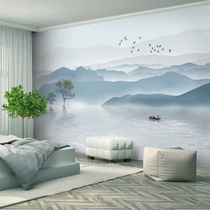 新中式水墨画山水客厅电视背景墙壁纸荷花装饰无缝壁画影视墙纸