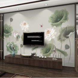 新中式影视墙壁画无纺布现代简约电视背景墙墙纸荷花百搭客厅壁布