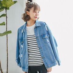 韩版单排扣磨破洞口牛仔外套