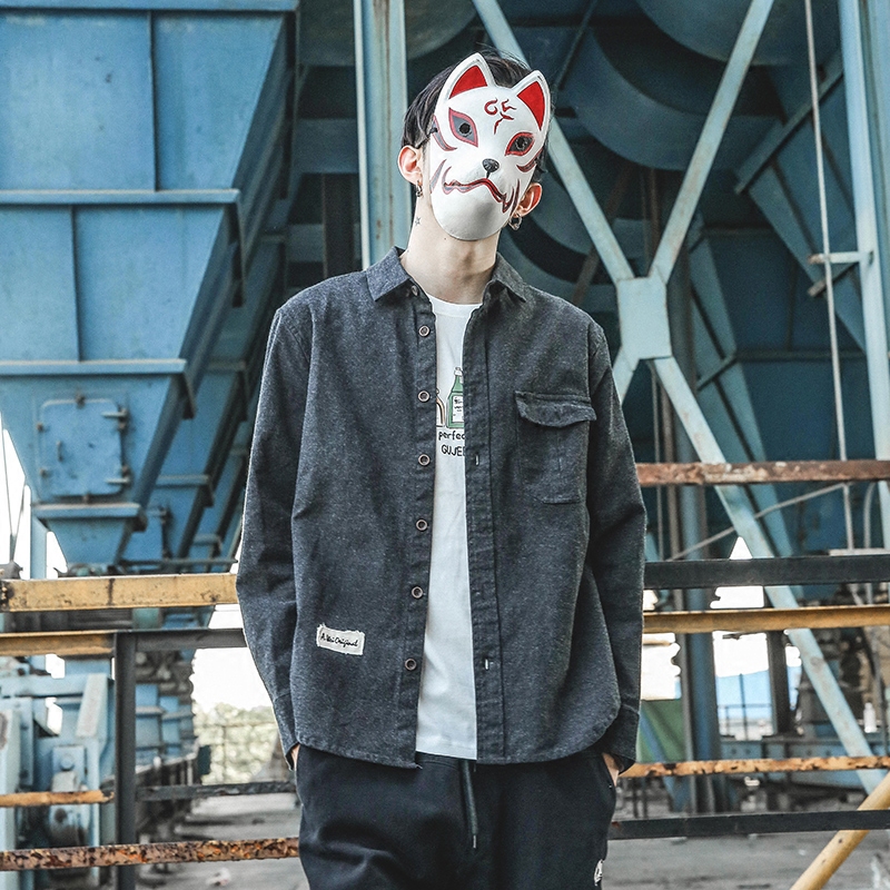日系原创秋装青少年纯色做旧复古长袖衬衫男潮翻领纽扣开衫衬衣男男士衬衫