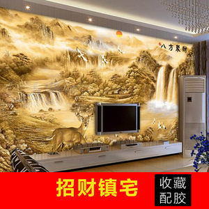 现代中式电视背景墙壁纸中国风装饰画客厅山水墙布聚宝盆八方聚财