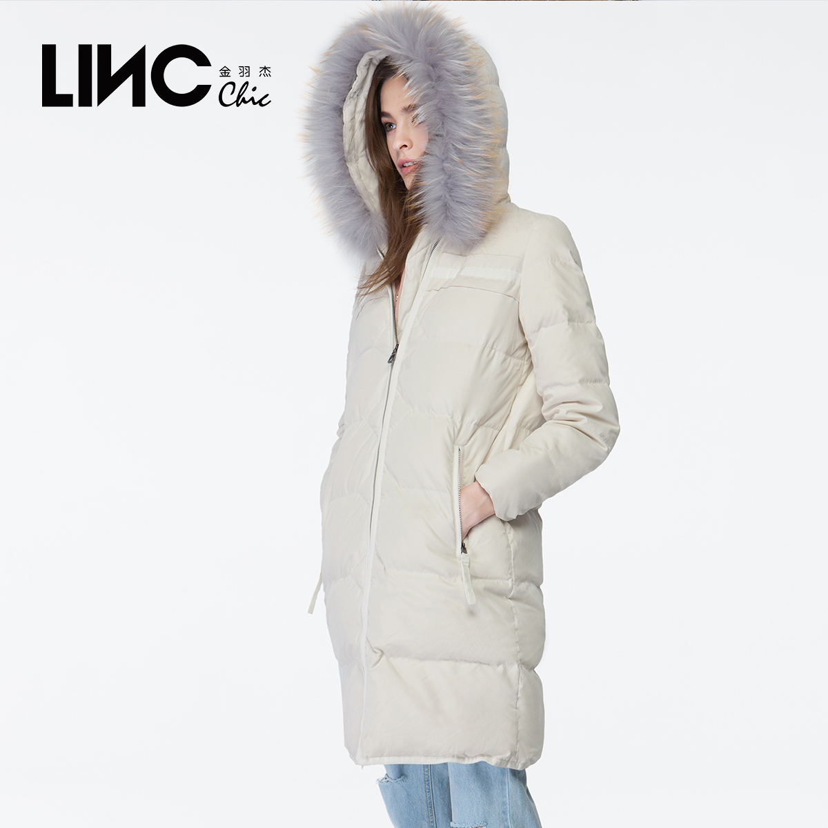 LINC金羽杰正品冬新款织带拼接大毛领羽绒服女中长款白鸭绒外套潮