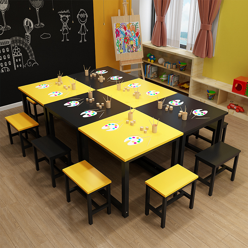 小学生幼儿园补习班彩色单人桌双人课桌椅凳手工绘画美术培训桌椅