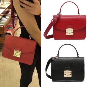 代购Furla/芙拉女包单肩斜跨包真皮十字纹小方包大号手提通勤包真皮女包