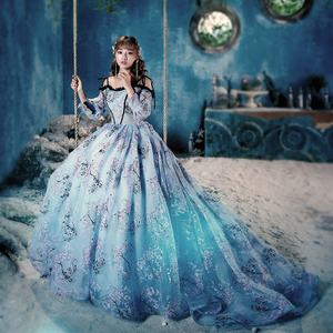 展会新款影楼主题服装蓝色印花长袖拖尾婚纱写真拍照梦幻公主裙