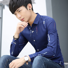 秋季修身学生休闲衬衣青少年印花潮长袖衬衫韩版男士流行时尚寸衫