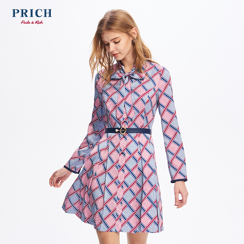 PRICH女装 2018夏季新款时尚优雅V领格子长袖连衣裙PROW82371Q