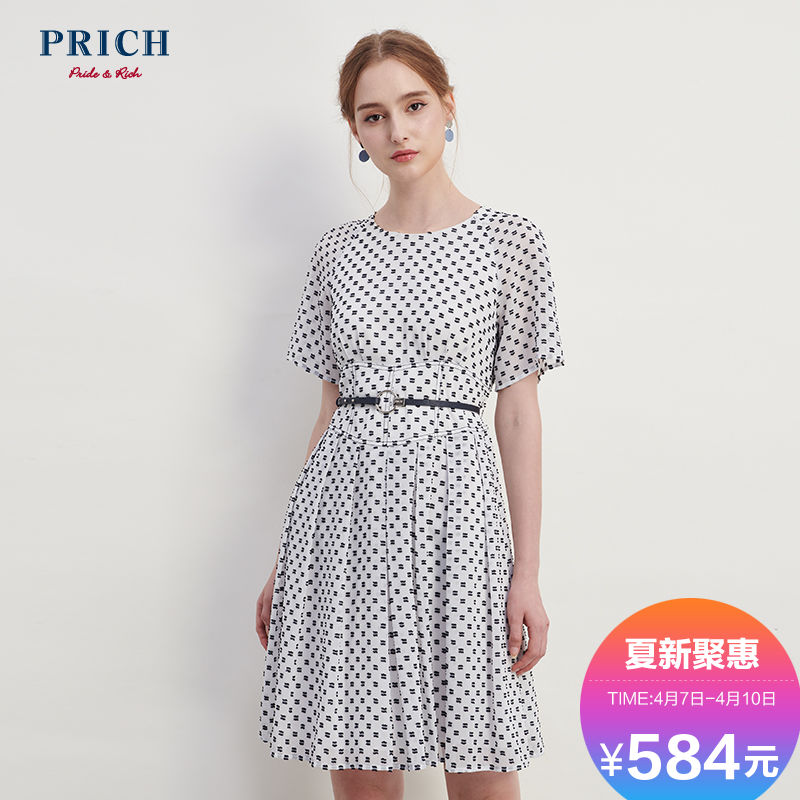 PRICH连衣裙女2018新款中长款气质波点收腰修身长裙PROW83737C