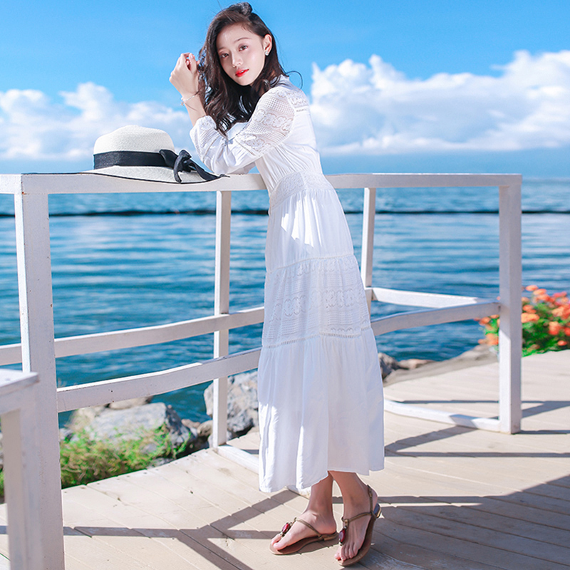 泰国普吉岛沙滩裙春装2019新款仙女裙白色显瘦连衣裙海边度假长裙