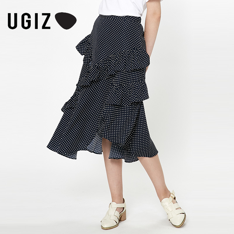 UGIZ2019夏季新款女装韩版波点花边不规则荷叶边半身裙女UBKB550A
