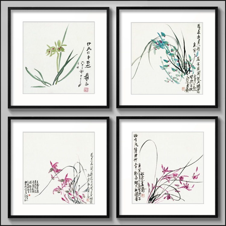 兰花国画张大千有框画客厅装饰画沙发墙壁画酒店餐厅挂画饭店水墨