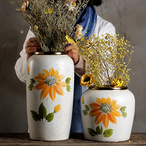 景德镇手绘粗陶陶罐简约田园家居装饰品传统陶艺花瓶摆件三件套