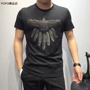 2018夏季欧美潮牌烫钻羊毛上衣男装休闲圆领短袖青年百搭修身t恤男装夏青年