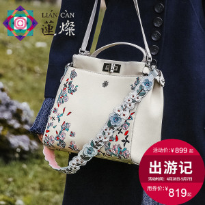 莲灿2017新款民族风牛皮刺绣小猫包女包个性绣花宽肩带手提单肩包单肩包