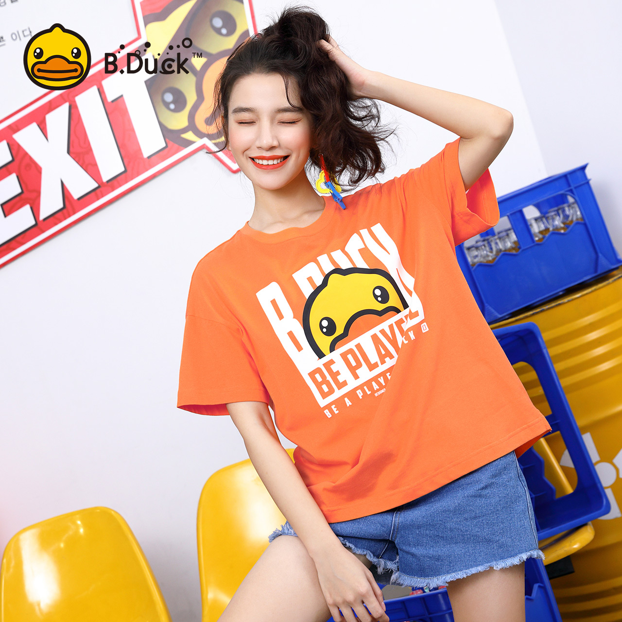 B.Duck小黄鸭2019夏装新款韩版学生宽松字母短袖T恤女上衣打底衫