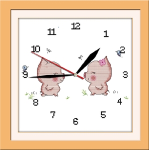 初学者简单印花十字绣小型线绣情侣小猪卡通钟表数字儿童卧室挂钟