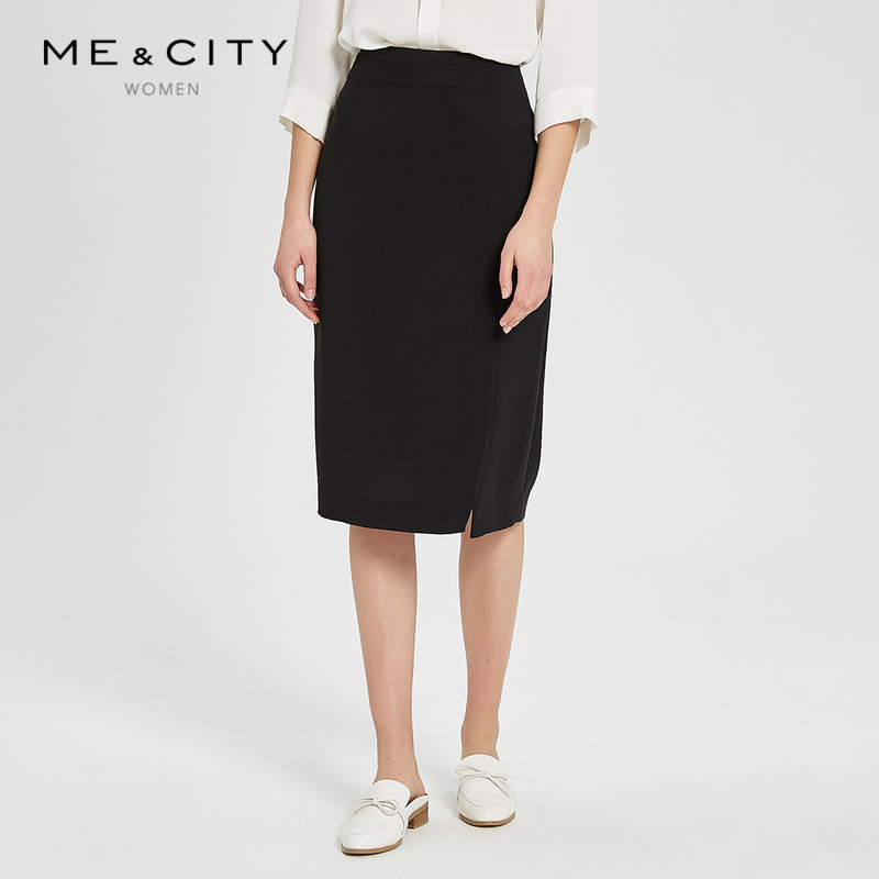 MECITY女装2019夏季新款黑色商务高腰包臀半身裙