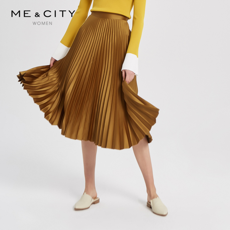 【明星同款】MECITY女装2019春季新款潮流纯色动感中长款百褶裙