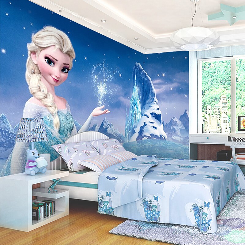 儿童房女孩卧室墙纸卡通公主冰雪奇缘主题壁纸房间装饰3d背景墙布