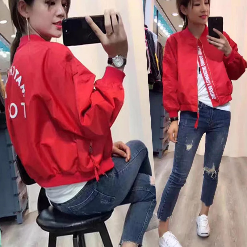 2018新款春装韩版后背字母棒球服飞行员夹克外套宽松红色短外套女