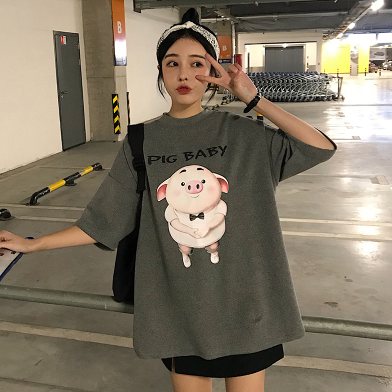 真维斯官网正品宽松bf卡通印花图案T恤女2019夏季新款中长款韩版