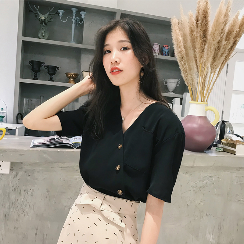 雪纺短袖女2019夏季新款韩版显瘦洋气小衫宽松气质V领很仙的上衣