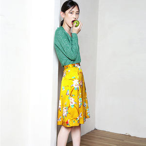 topbuyer热卖蚕丝半裙女夏 明黄色印花重磅真丝缎 及膝半身裙真丝半身裙