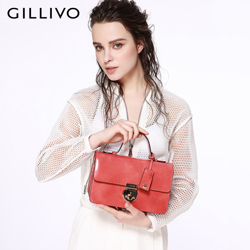 gillivo嘉里奥新款女式锁扣单肩包复古邮差包纯色真皮女包手提包