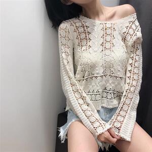 【天天特价】chic风韩版显瘦防晒透视镂空长袖T恤钩花罩衫上衣女