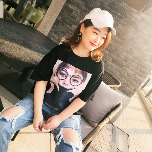胖mm大码女装2018春夏新款印花T恤韩版时尚短袖体恤宽松百搭上衣春夏大码女装