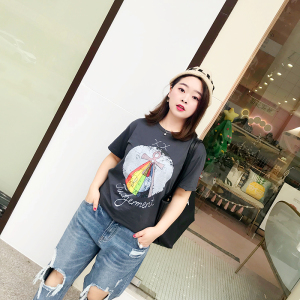 200斤大码女装胖mm2018春夏新款短袖T恤韩版印花宽松显瘦体恤上衣春夏大码女装