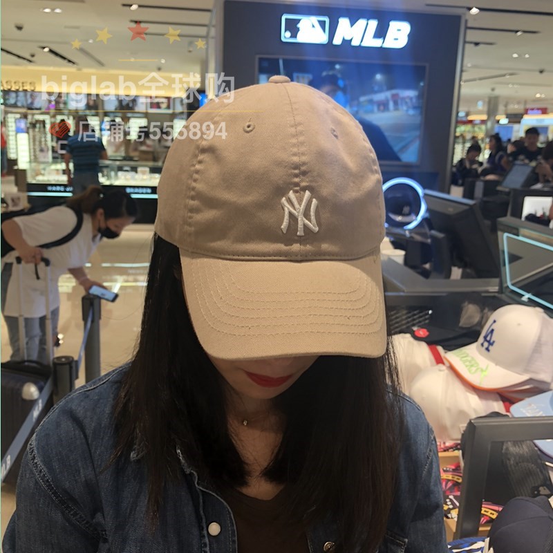 韩国正品mlb棒球帽女la小标米色百搭鸭舌帽男遮阳帽卡其色帽子