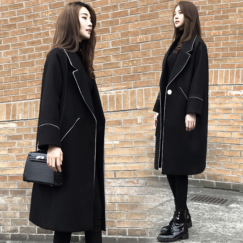 赫本毛呢外套女中长款韩版2019新款春季时尚显瘦黑色呢子大衣女潮
