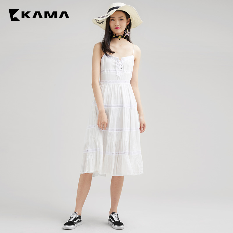 KAMA女装 卡玛夏季新款 蕾丝吊带收腰连衣裙双层A字裙7218164