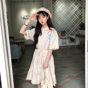 女装2018韩版复古百搭娃娃领连衣裙女显瘦学生夏季短袖中裙子高腰娃娃衫