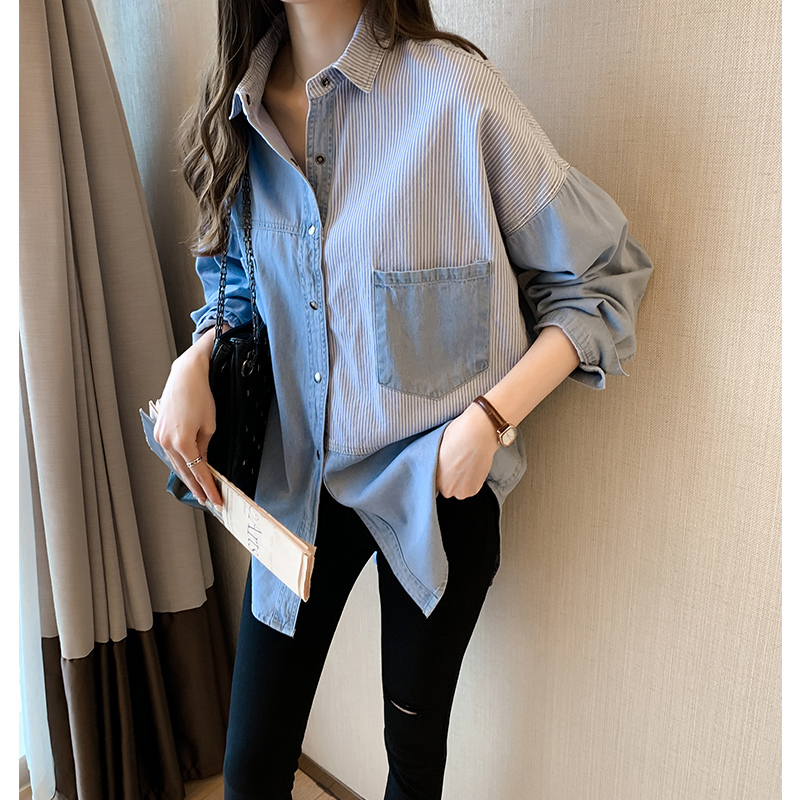 2019春装新款韩版宽松bf牛仔衬衫女长袖心机上衣设计感衬衣外套潮