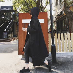 A7seven 韩版宽松中长款黑色薄款连帽风衣女学生大码休闲外套春潮