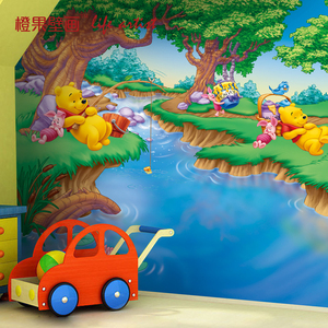 大型壁画墙纸森林湖边小熊维小猪儿童房卡通卧室幼儿园背景墙壁纸$