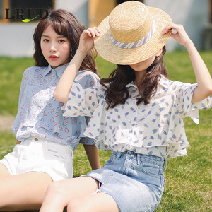 LRUD雪纺衫女夏装2018女装新款韩版宽松碎花小衫中袖宽松百搭上衣夏季女装