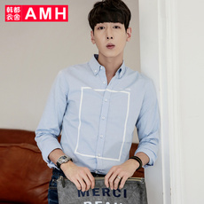 AMH男装韩版秋季衬衫长袖修身韩版印花纯棉衬衣夢