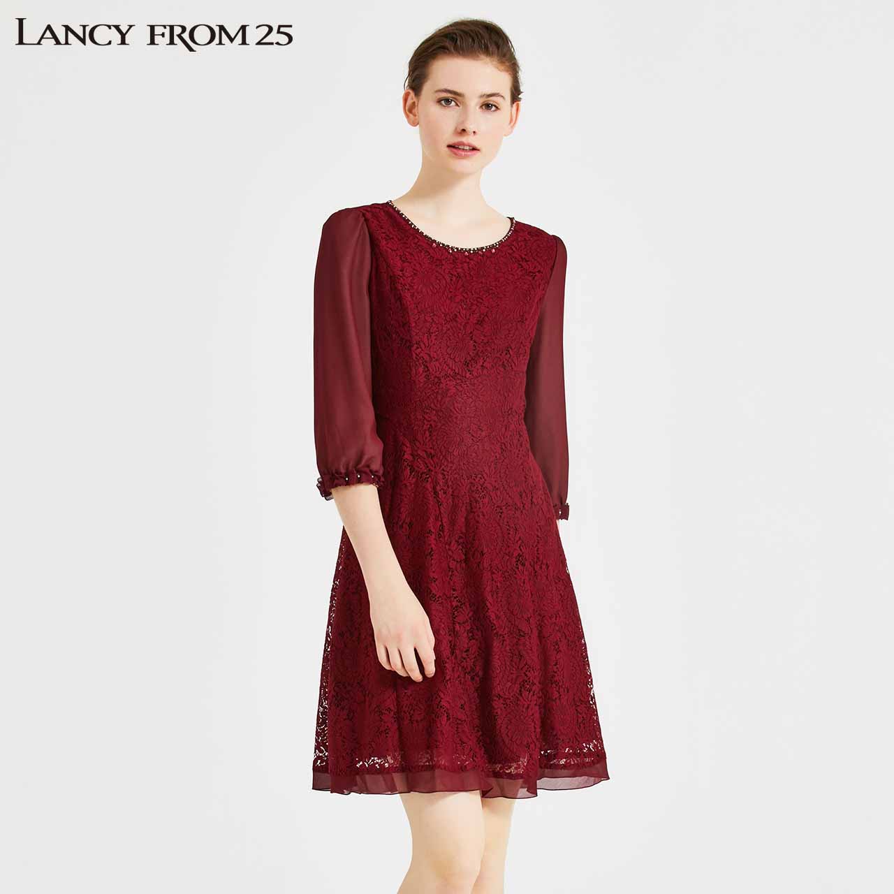 LANCY朗姿秋季女装性感蕾丝裙子中长款酒红气质修身中袖连衣裙