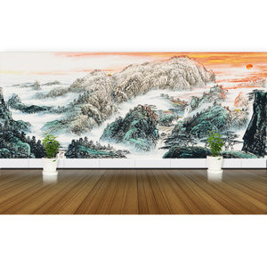 墙纸壁纸壁画4d浮雕 客厅沙发电视背景墙 泰山日出山水画国画 a41