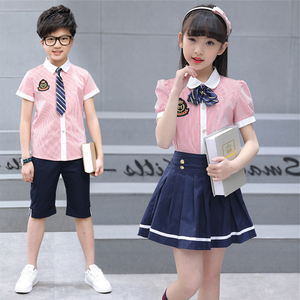 小学生校服套装夏季幼儿园统一年级儿童粉色夏天班服韩版衬衫夏装
