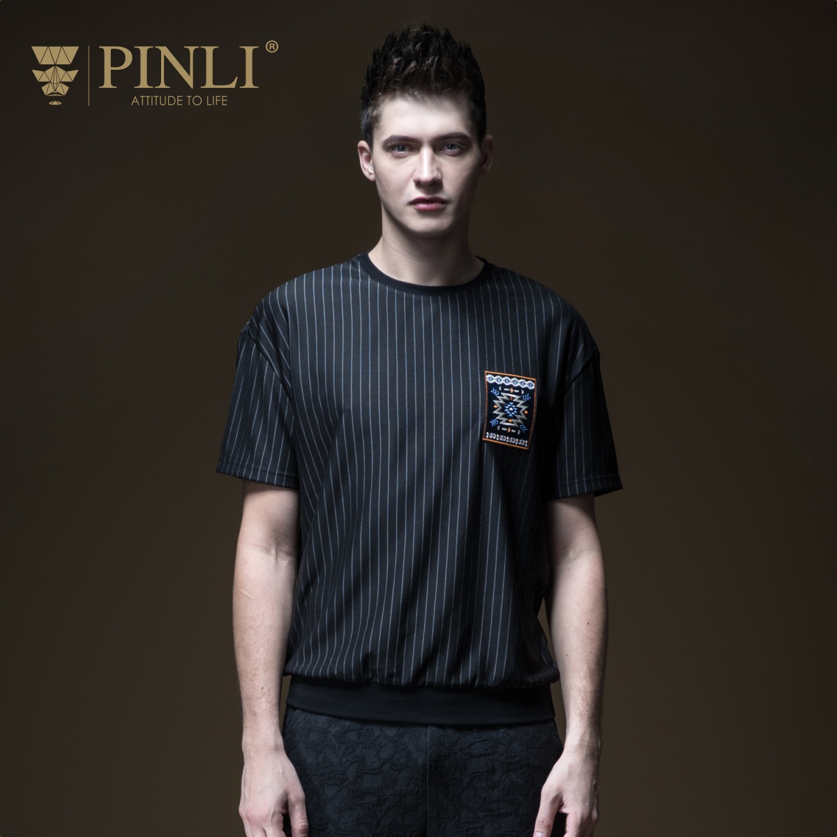 PINLI品立2019夏季新款男装青年圆领条纹短袖T恤上衣潮B192411415