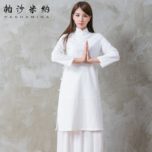 单上衣 中国风中式亚麻中长款棉麻衬衫瑜珈服禅修居士服女上衣旗袍上衣