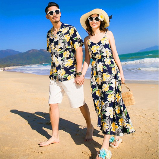 海南岛服沙滩花衬衣衫夏威夷男短袖三亚旅游大码情侣海边度假裙子