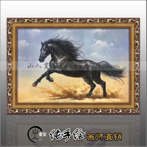 纯手绘骏马油画办公室客厅卧室会所玄关走廊有框一马当先装饰壁画