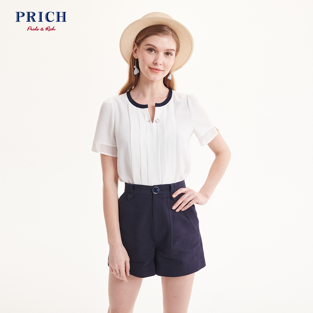 PRICH女装新款韩版时尚衬衫通勤风简约纯色圆领衬衣PRBA95308C