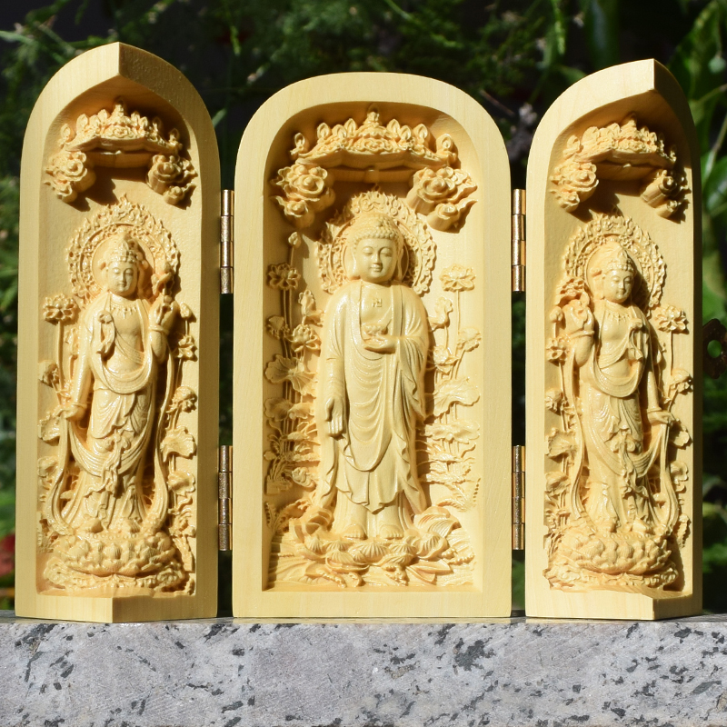 水黄杨木雕随身佛龛三开盒木雕佛像观音西方三圣摆件工艺品定制