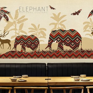 手绘壁纸泰式东南亚风格壁画大象个性餐厅背景墙墙纸3d泰国风装饰